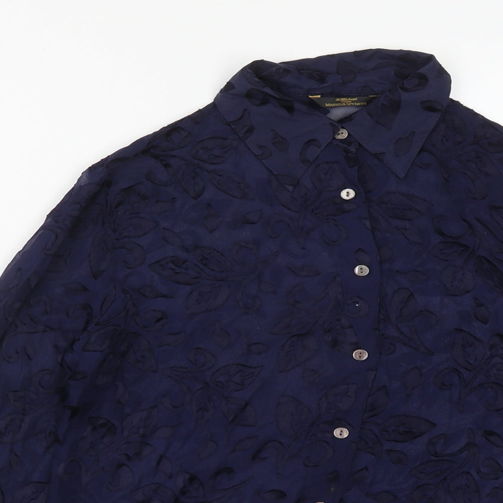 Marks and Spencer Womens Blue Geometric Silk Basic Blouse Size 10 Collared