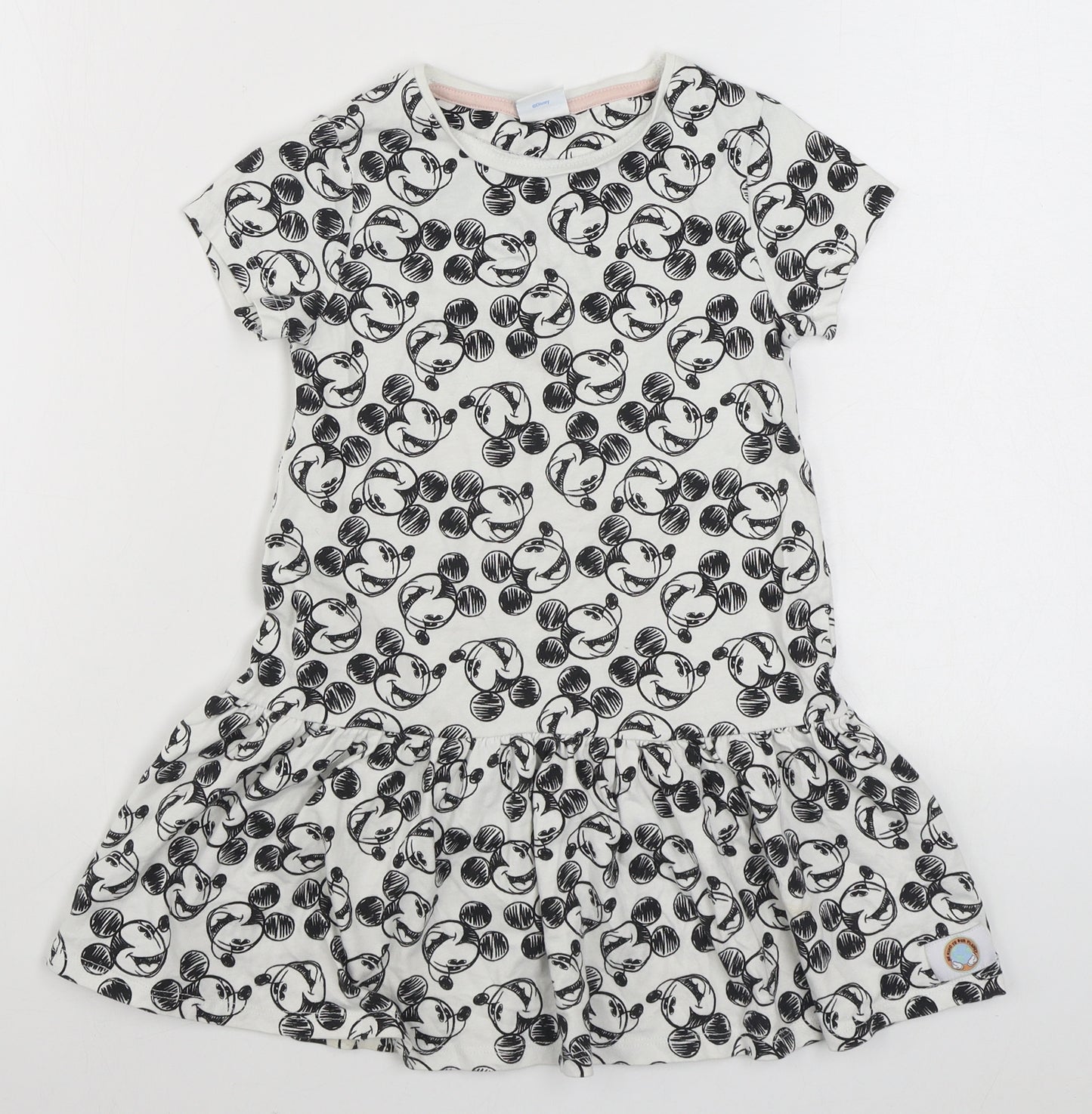 F&F Girls White Geometric 100% Cotton T-Shirt Dress  Size 6-7 Years  Round Neck Pullover - Mickey Mouse