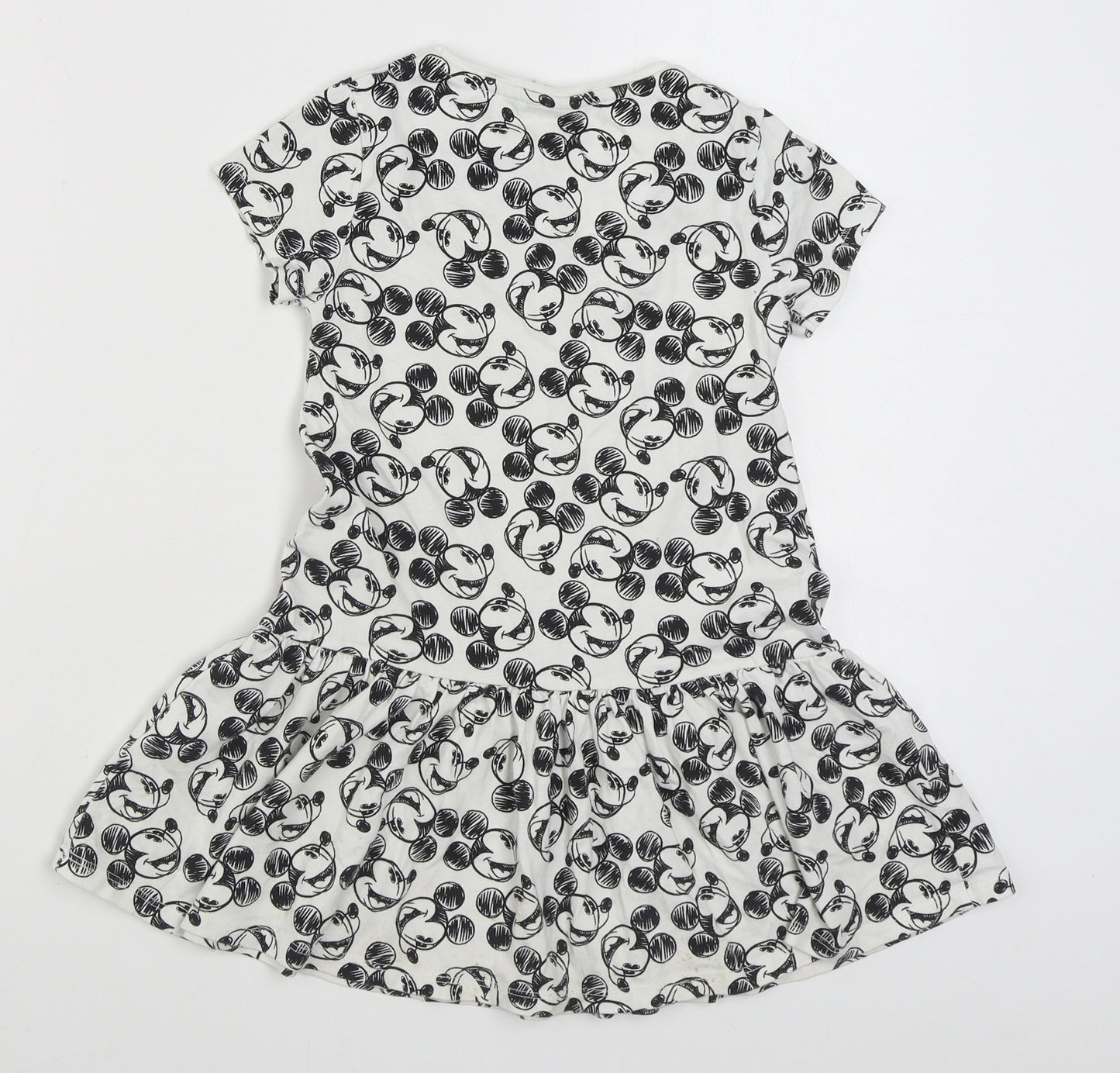 F&F Girls White Geometric 100% Cotton T-Shirt Dress  Size 6-7 Years  Round Neck Pullover - Mickey Mouse