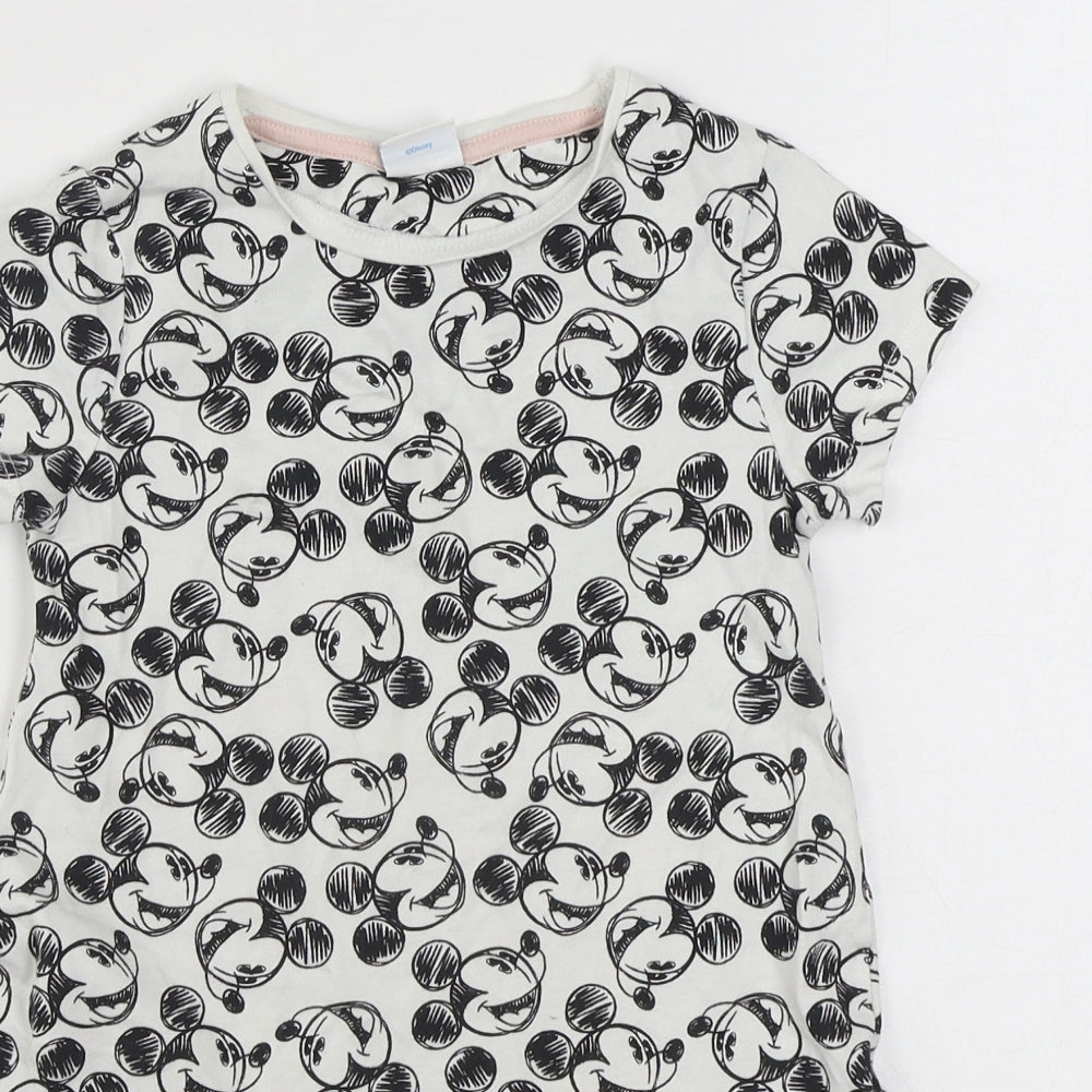 F&F Girls White Geometric 100% Cotton T-Shirt Dress  Size 6-7 Years  Round Neck Pullover - Mickey Mouse