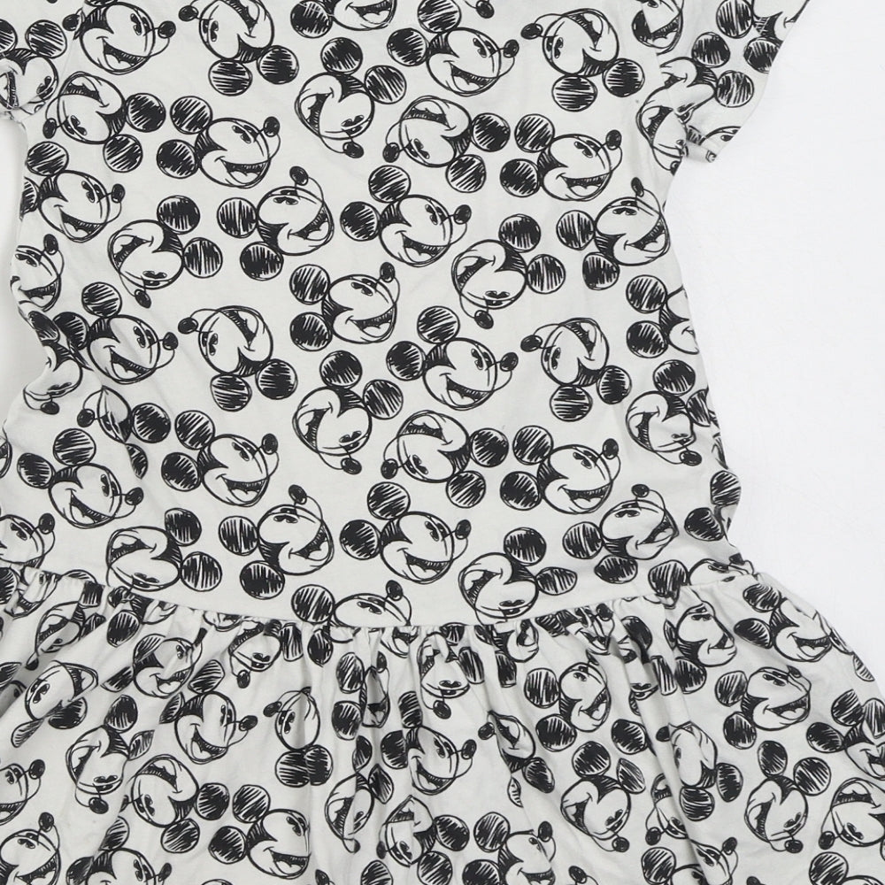 F&F Girls White Geometric 100% Cotton T-Shirt Dress  Size 6-7 Years  Round Neck Pullover - Mickey Mouse