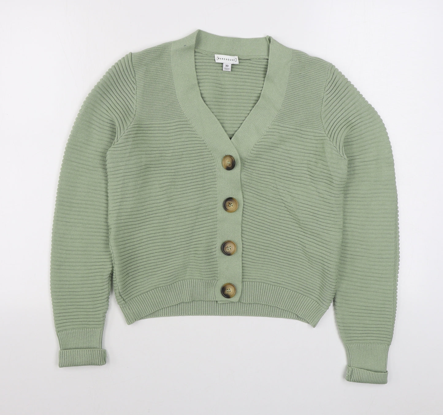 Warehouse Womens Green V-Neck  Acrylic Cardigan Jumper Size 10
