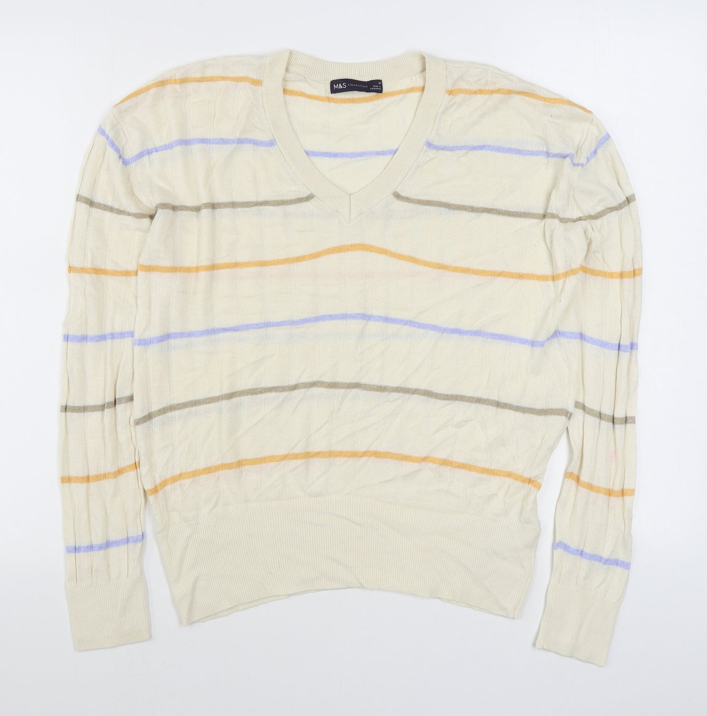 Marks and Spencer Womens Multicoloured V-Neck Striped Viscose Pullover Jumper Size M