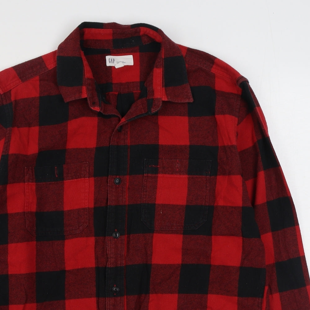 Gap Mens Red Check Cotton  Button-Up Size M Collared Button