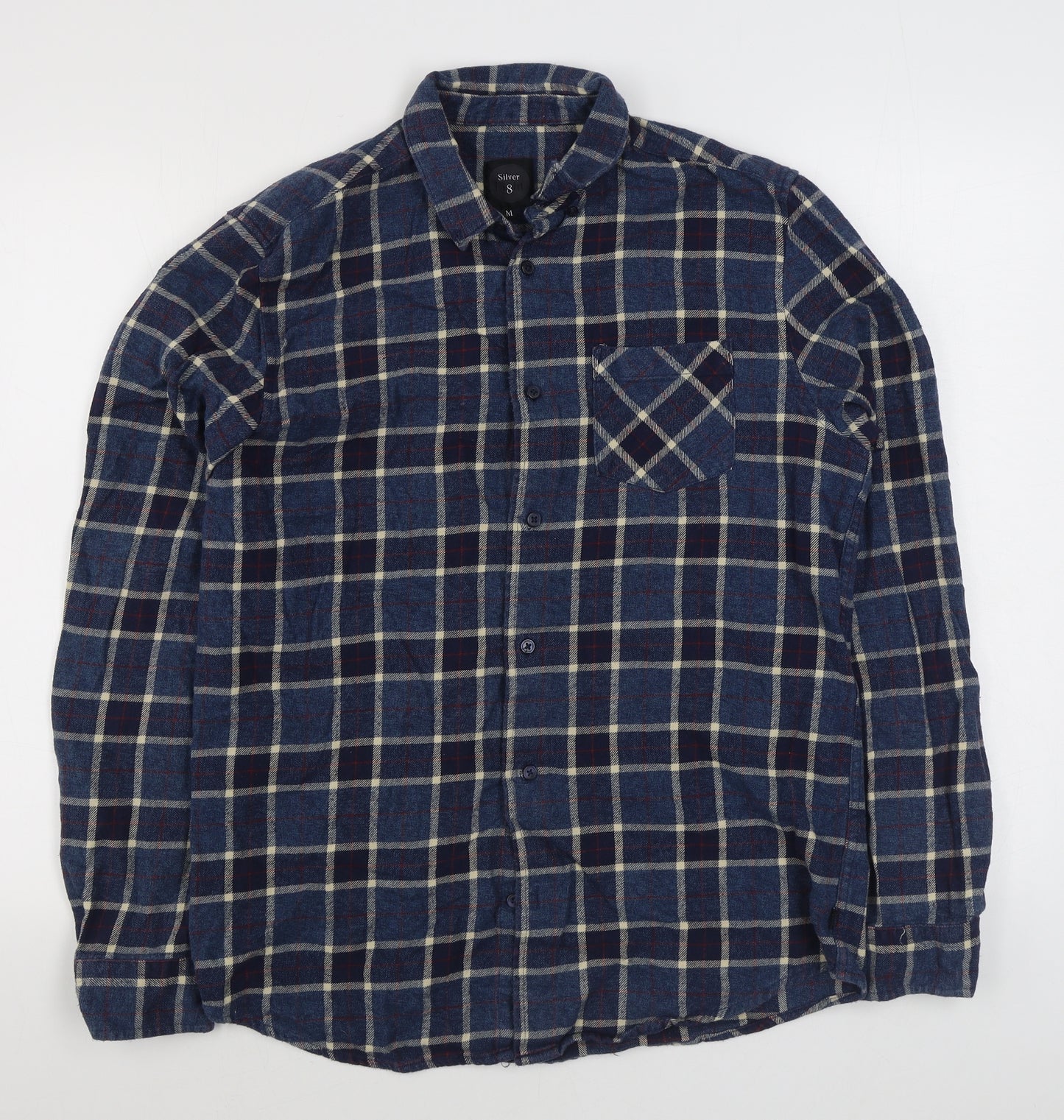 Silver Eight Mens Blue Plaid Cotton  Button-Up Size M Collared Button