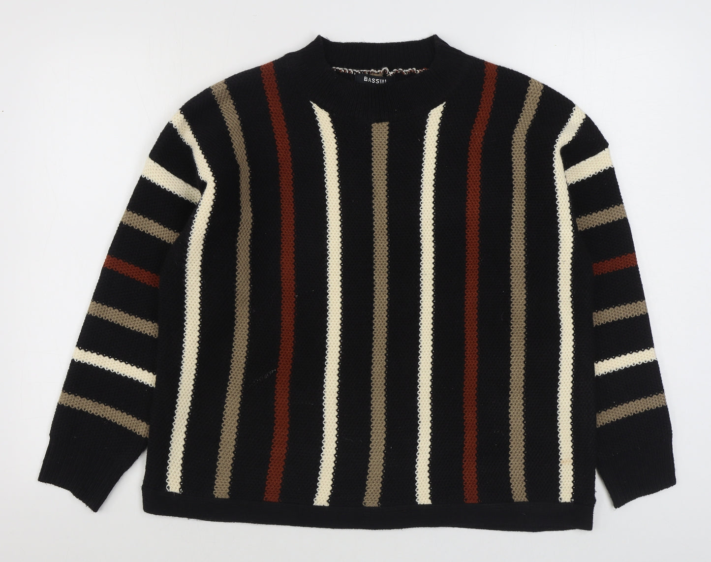 BASSINI Mens Black Round Neck Striped Acrylic Pullover Jumper Size L