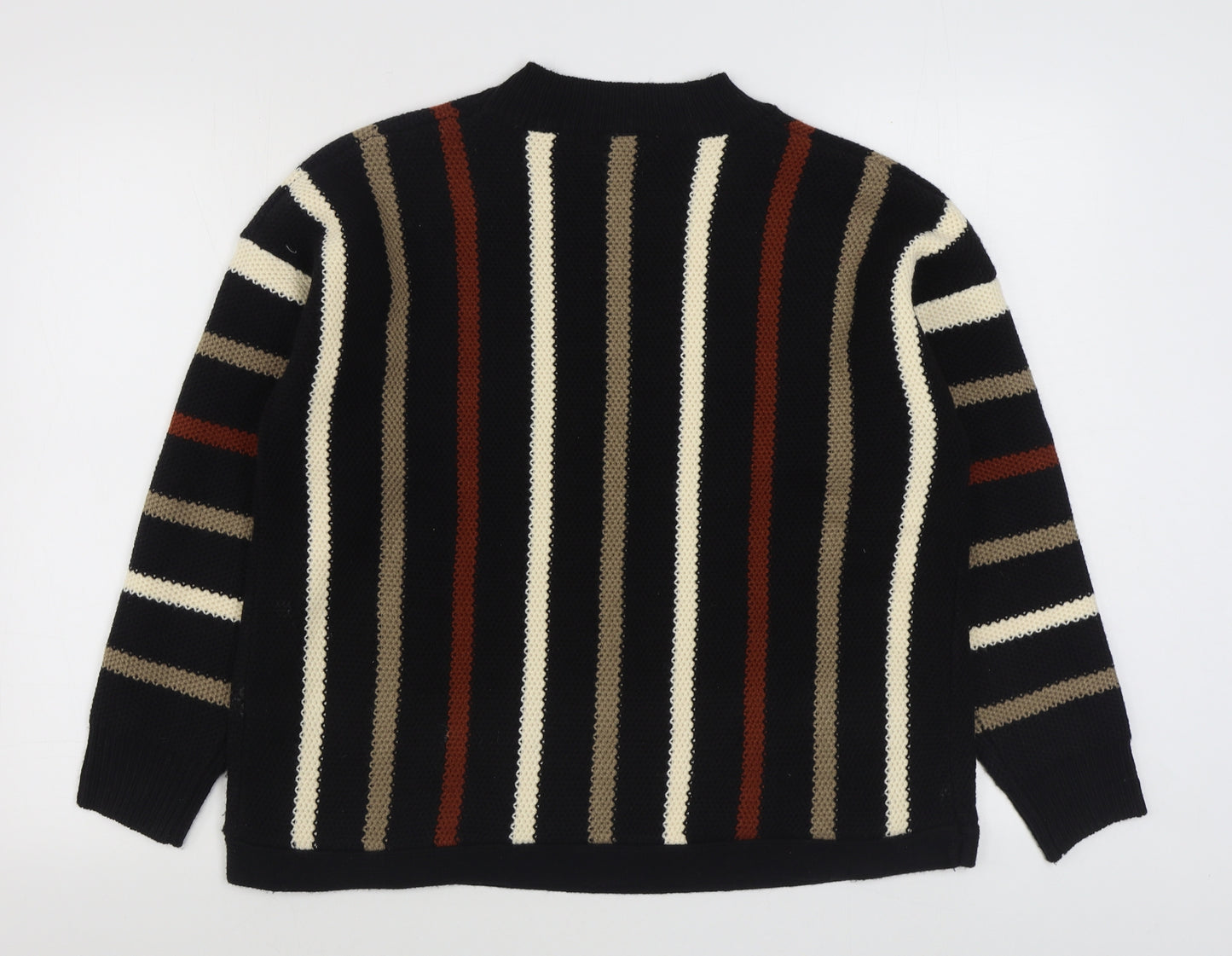 BASSINI Mens Black Round Neck Striped Acrylic Pullover Jumper Size L