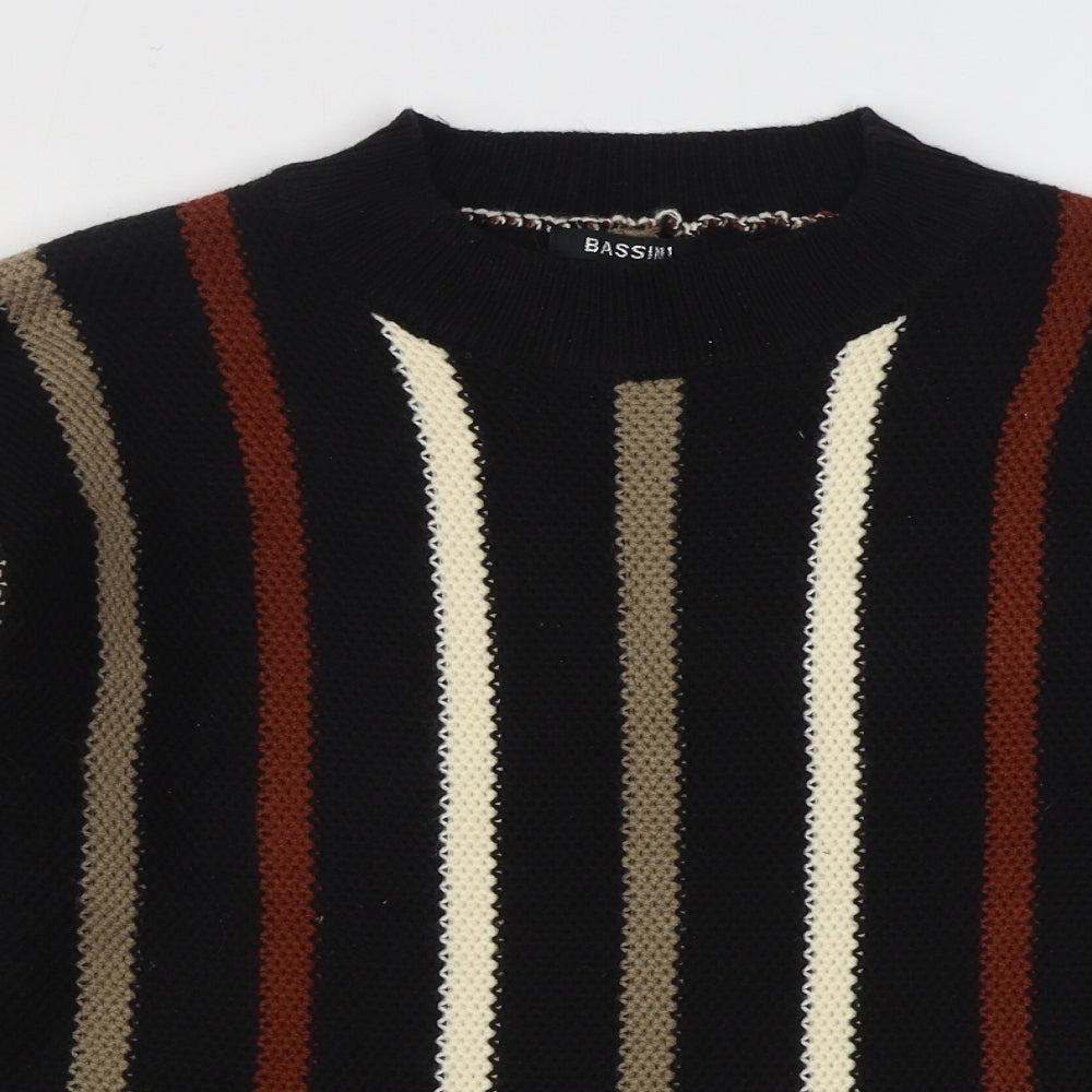 BASSINI Mens Black Round Neck Striped Acrylic Pullover Jumper Size L
