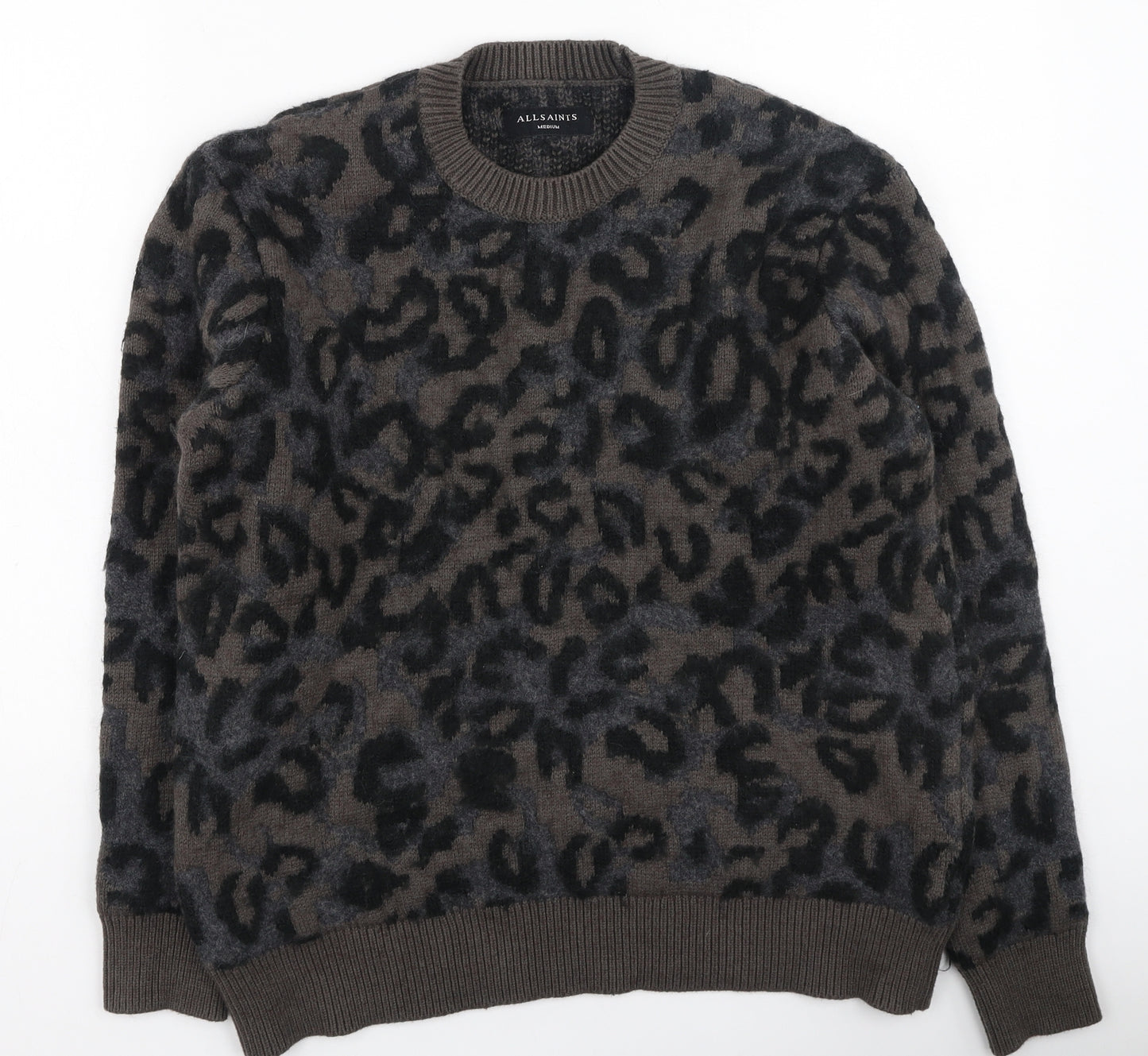 AllSaints Womens Brown Round Neck Animal Print Cotton Pullover Jumper Size M