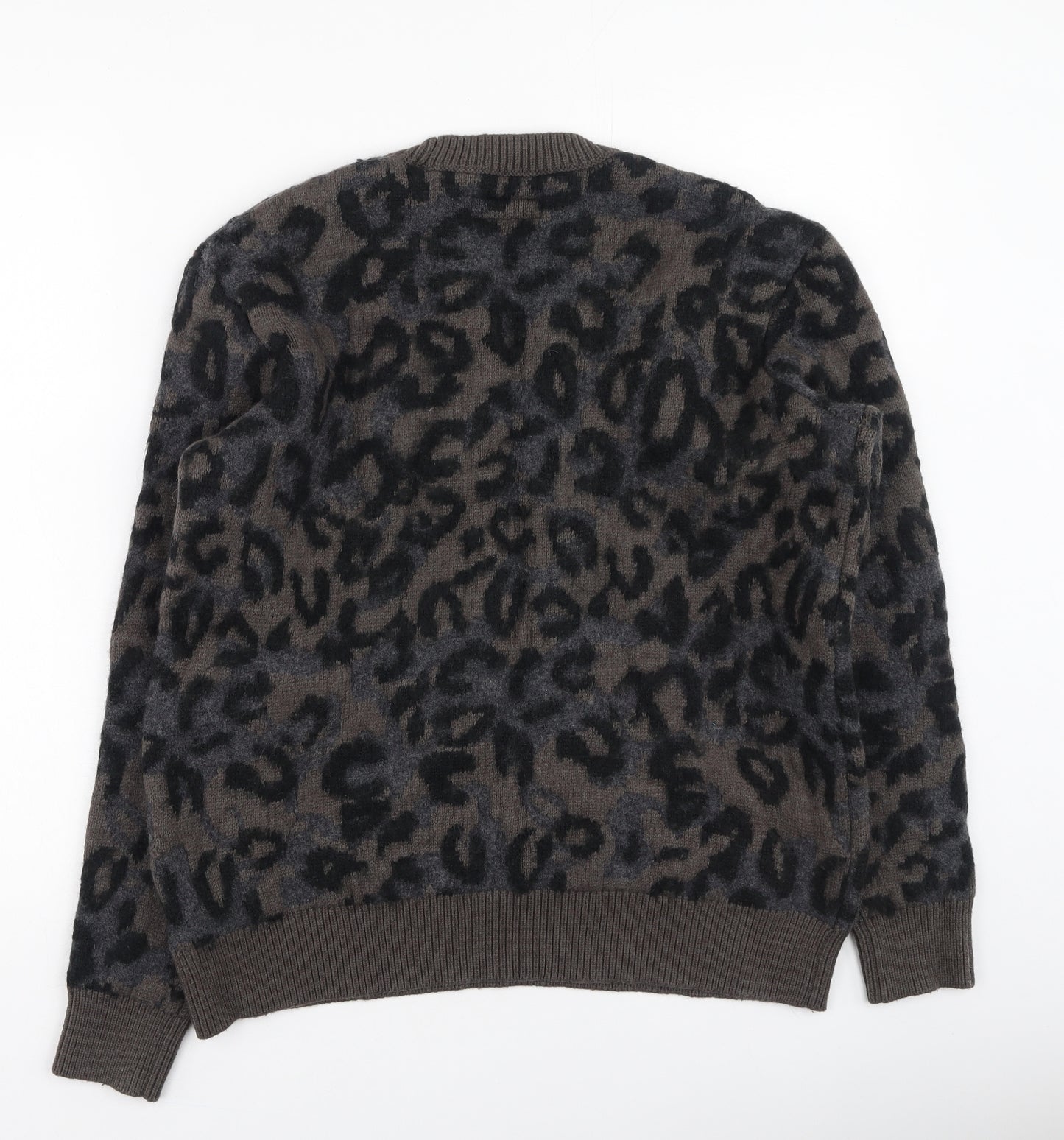 AllSaints Womens Brown Round Neck Animal Print Cotton Pullover Jumper Size M