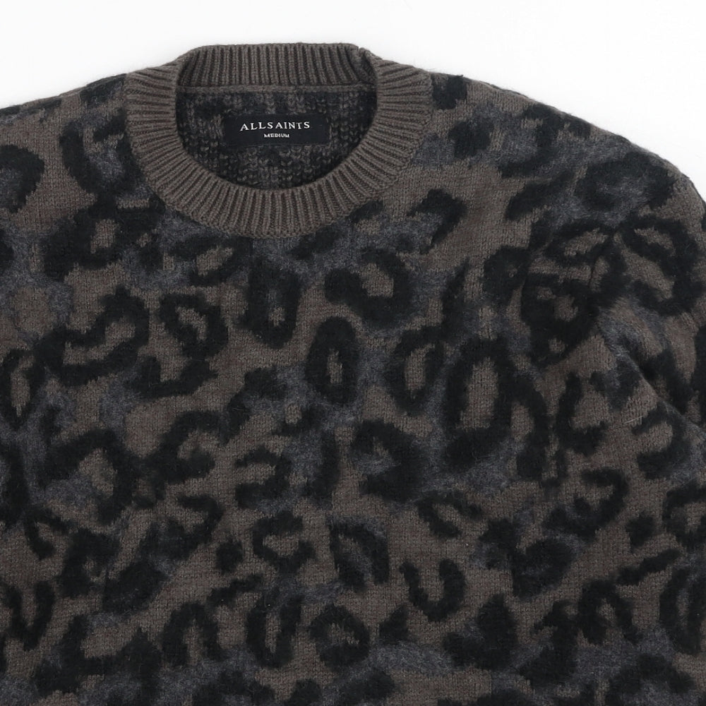 AllSaints Womens Brown Round Neck Animal Print Cotton Pullover Jumper Size M
