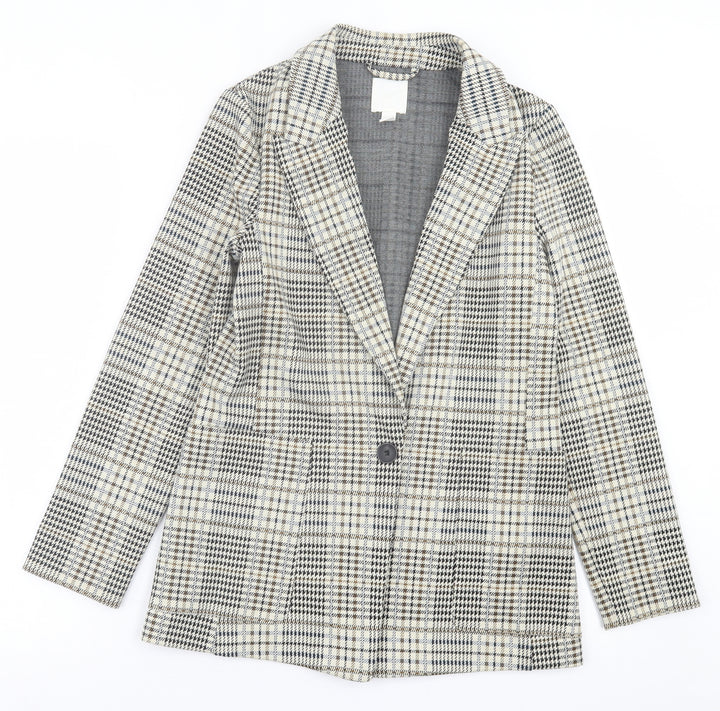 H&M Womens Beige Plaid  Jacket Blazer Size 4  Button