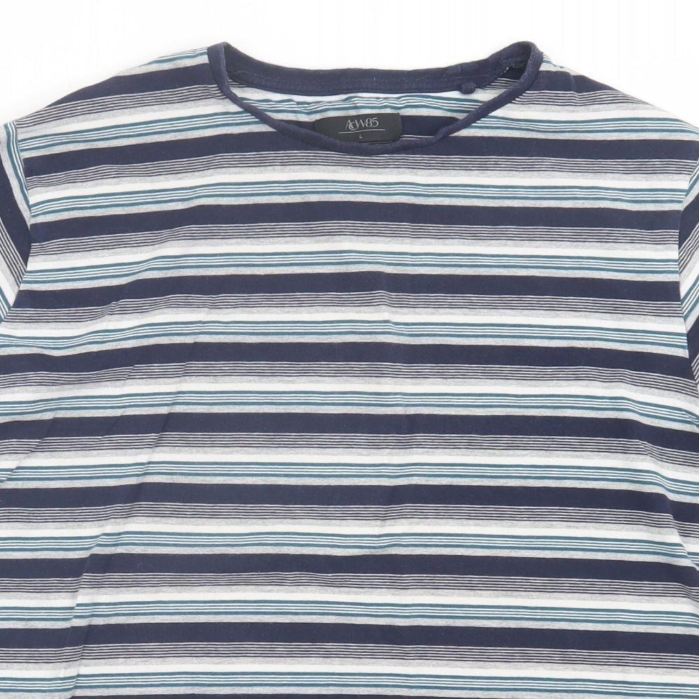 Matalan Mens Blue Striped Cotton  T-Shirt Size L Crew Neck