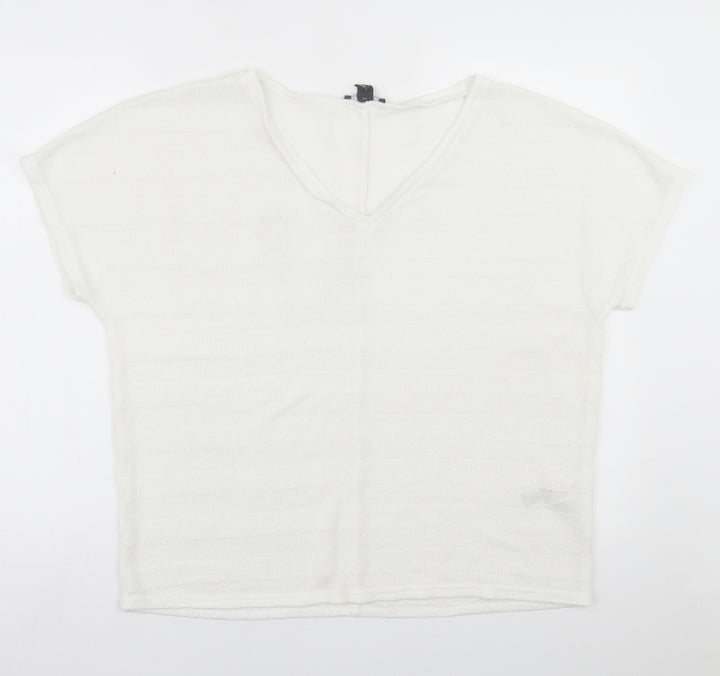 New Look Womens White V-Neck  Viscose Pullover Jumper Size L