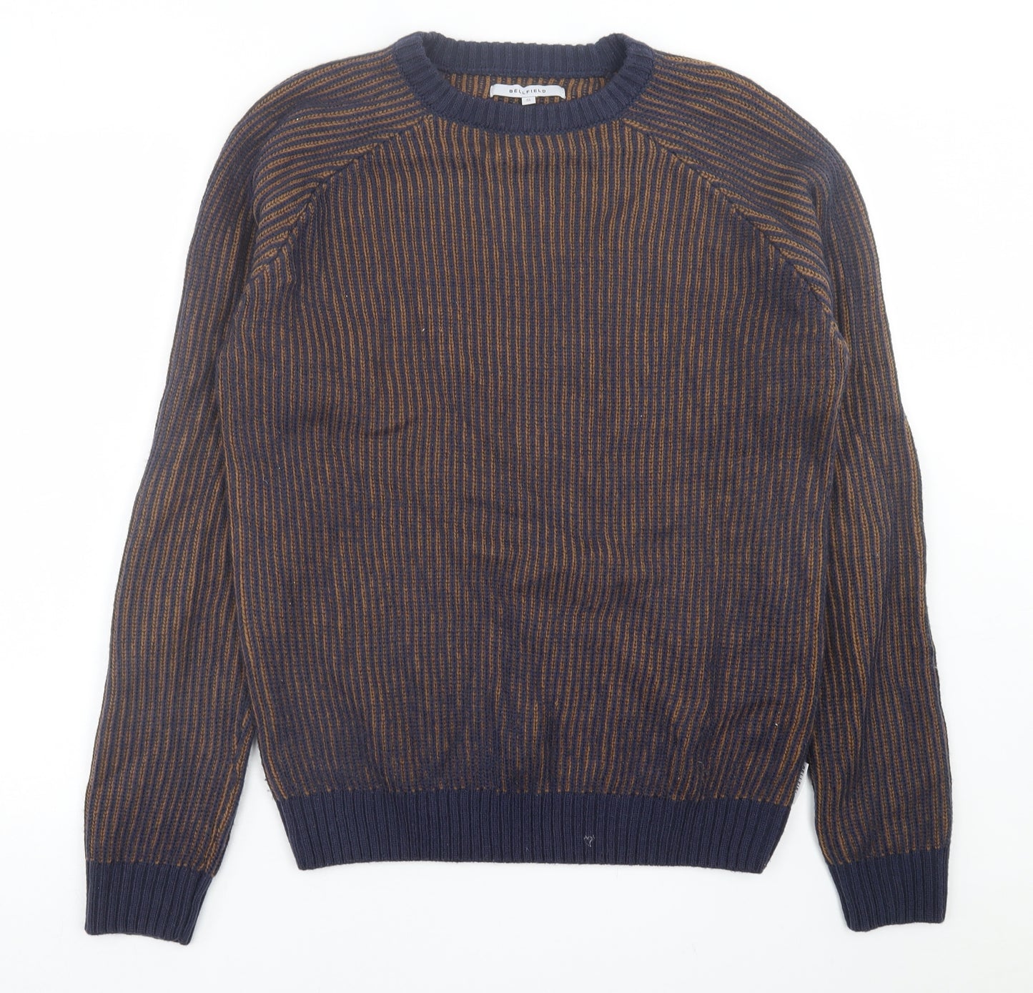 Bellfield Mens Blue Crew Neck Striped Acrylic Pullover Jumper Size S