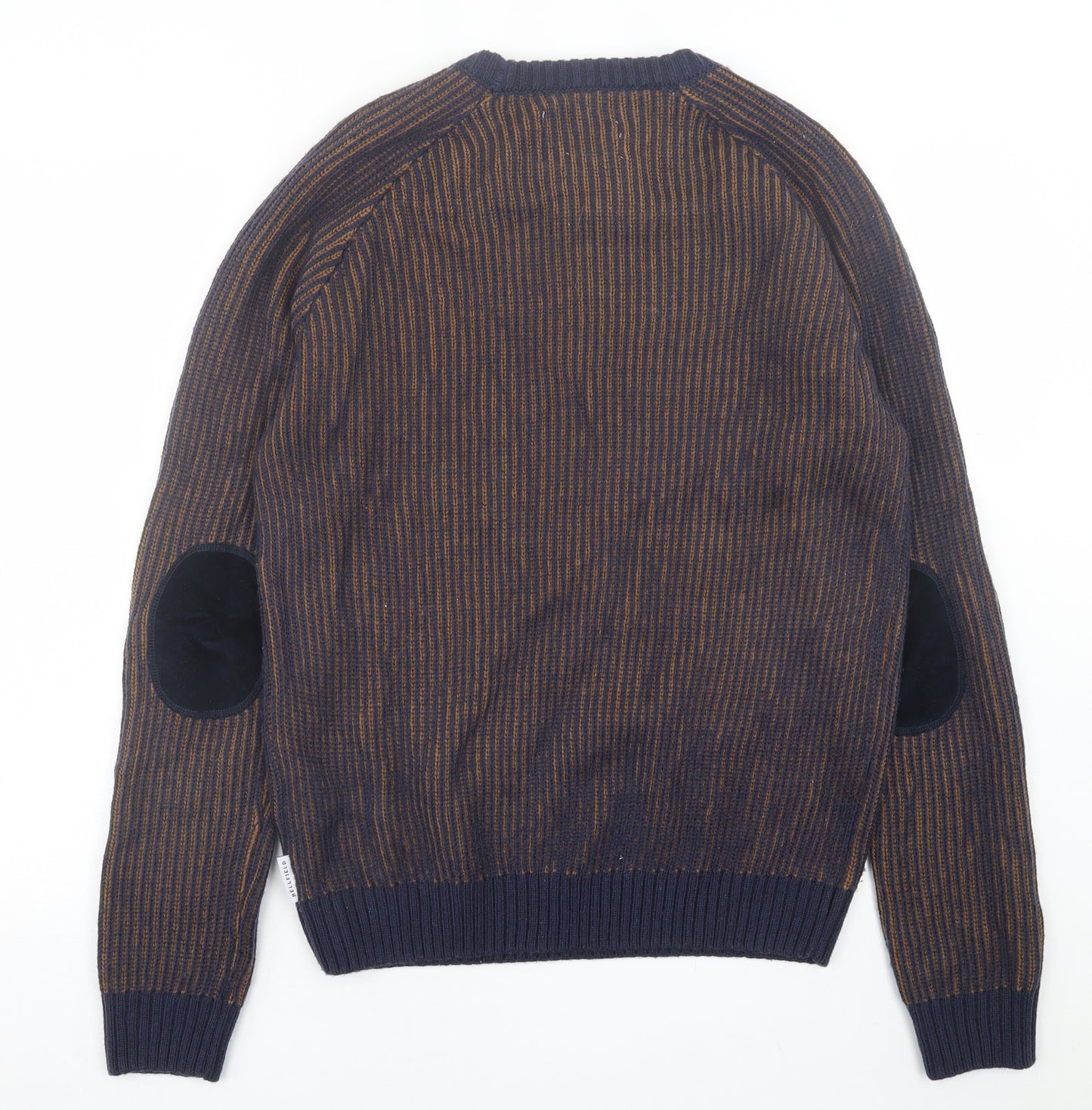 Bellfield Mens Blue Crew Neck Striped Acrylic Pullover Jumper Size S