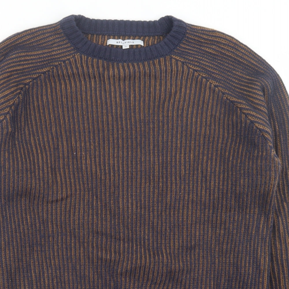 Bellfield Mens Blue Crew Neck Striped Acrylic Pullover Jumper Size S