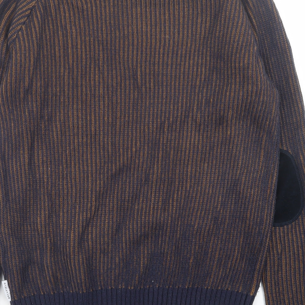 Bellfield Mens Blue Crew Neck Striped Acrylic Pullover Jumper Size S