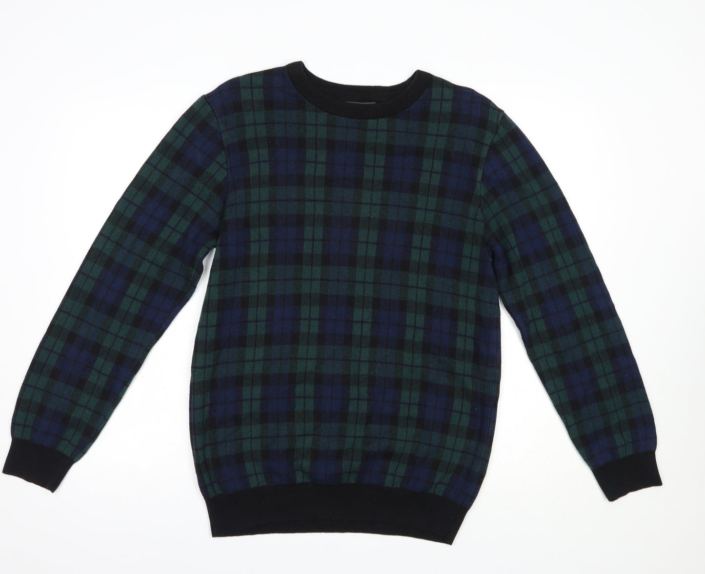 Primark Mens Green Crew Neck Plaid Cotton Pullover Jumper Size M