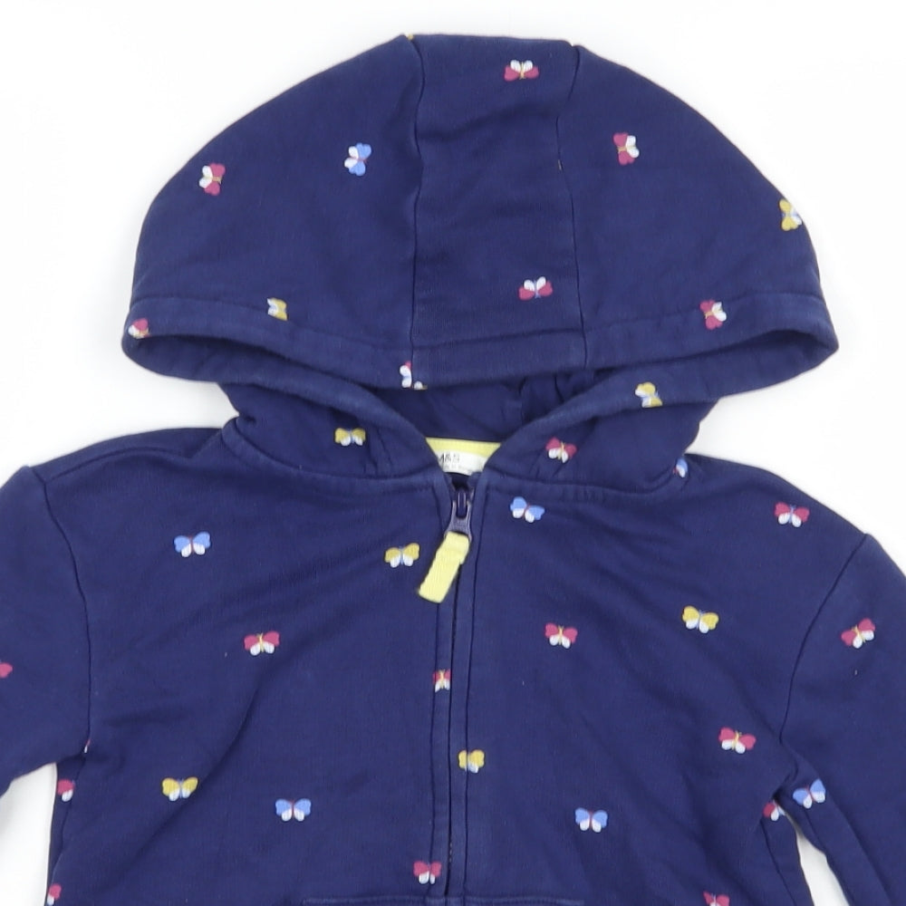 Marks and Spencer Girls Blue Floral Cotton Full Zip Hoodie Size 5-6 Years  Zip