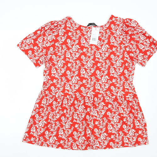 F&F Womens Red Floral Viscose Basic Blouse Size 18 V-Neck