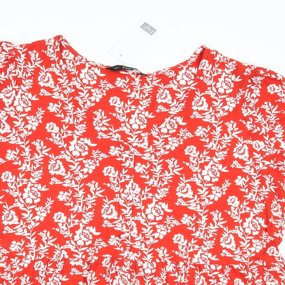 F&F Womens Red Floral Viscose Basic Blouse Size 18 V-Neck