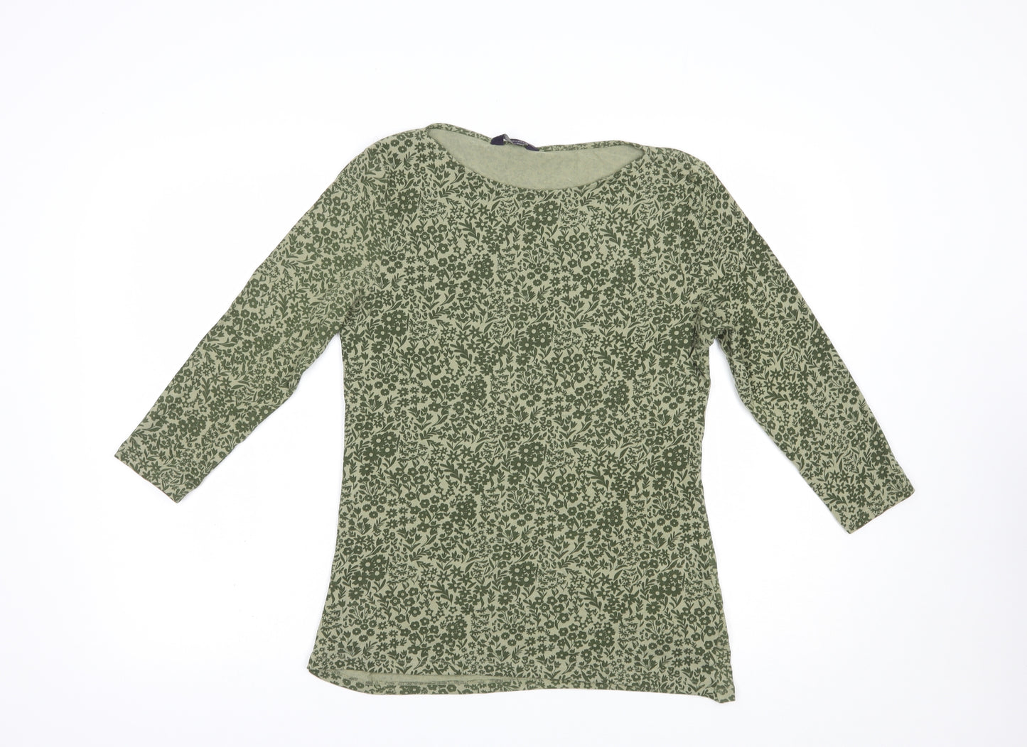 Marks and Spencer Womens Green Floral Cotton Basic Blouse Size 12 Boat Neck