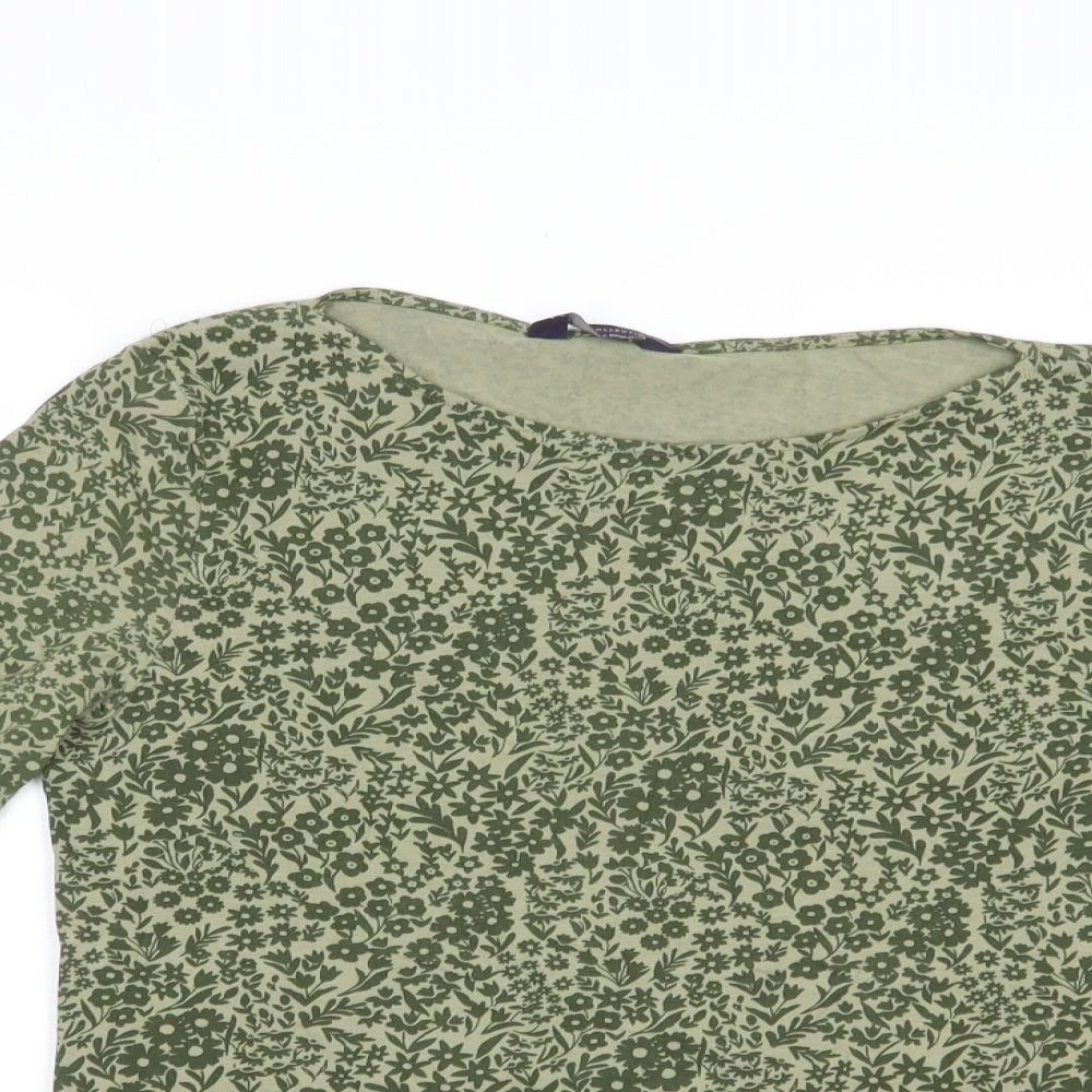 Marks and Spencer Womens Green Floral Cotton Basic Blouse Size 12 Boat Neck