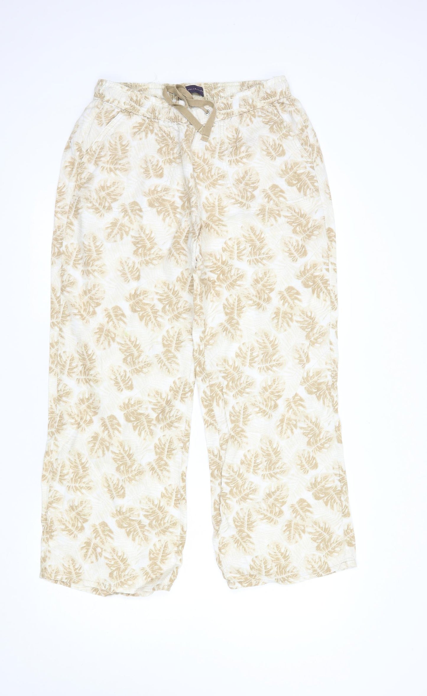 Marks and Spencer Womens Beige Floral Linen Trousers  Size 12 L28 in Regular Drawstring