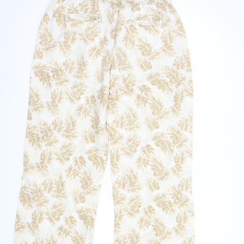 Marks and Spencer Womens Beige Floral Linen Trousers  Size 12 L28 in Regular Drawstring