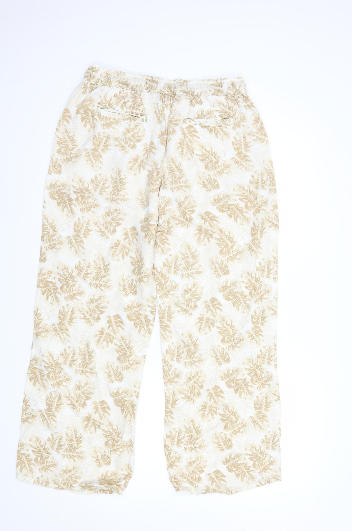 Marks and Spencer Womens Beige Floral Linen Trousers  Size 12 L28 in Regular Drawstring