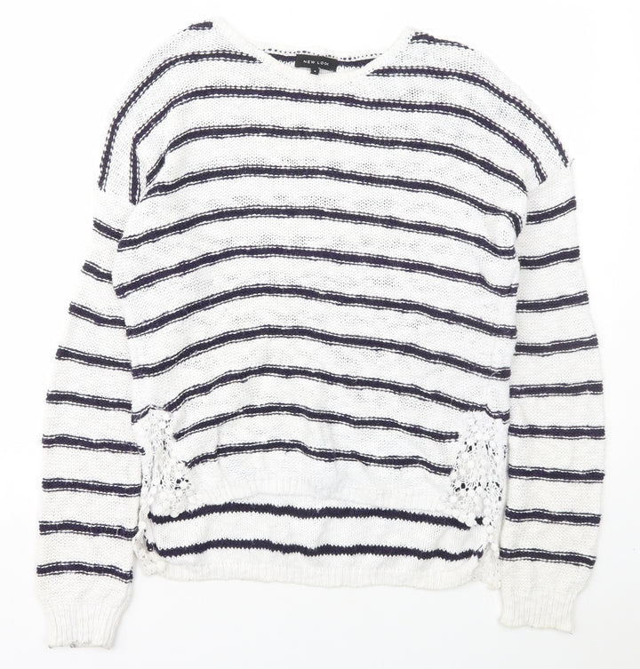 New Look Womens Blue Scoop Neck Striped Cotton Pullover Jumper Size 8