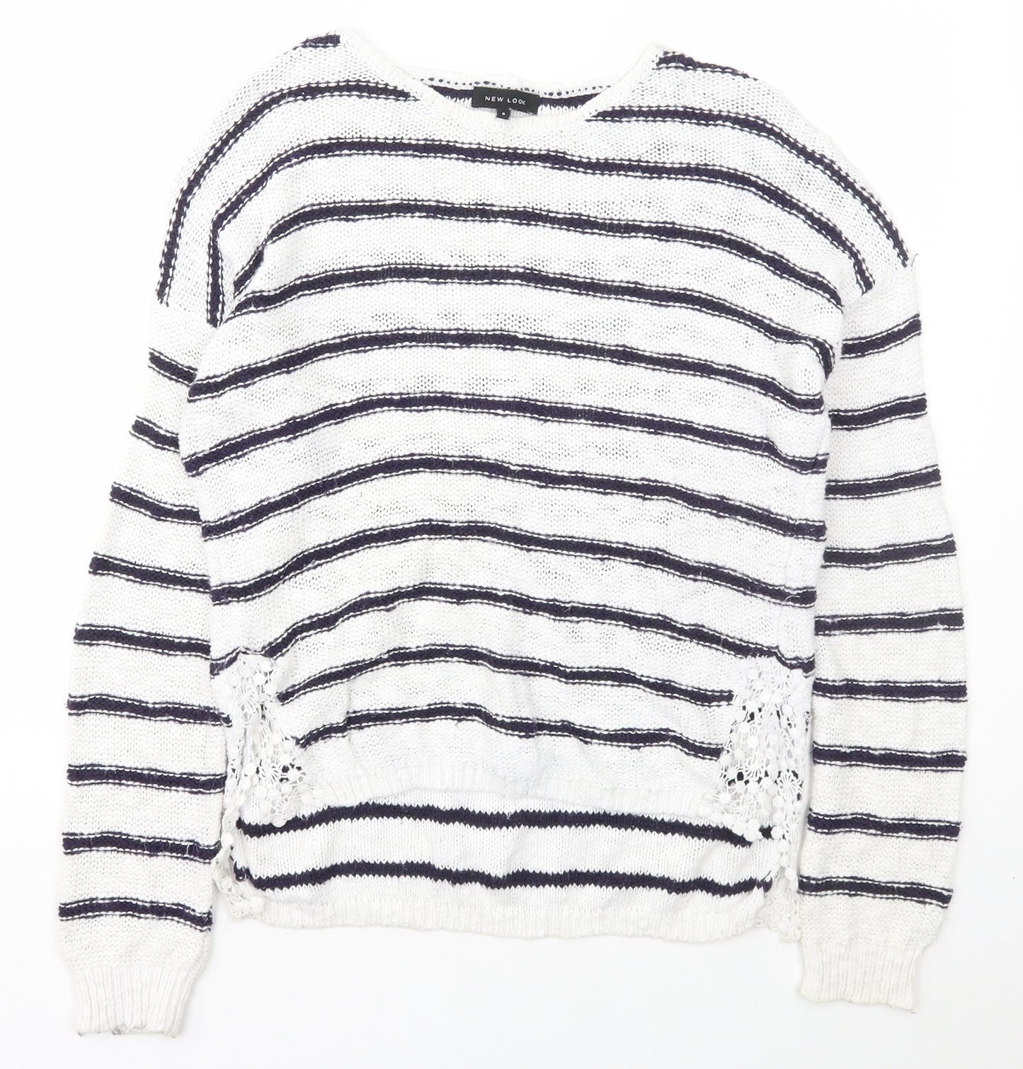 New Look Womens Blue Scoop Neck Striped Cotton Pullover Jumper Size 8