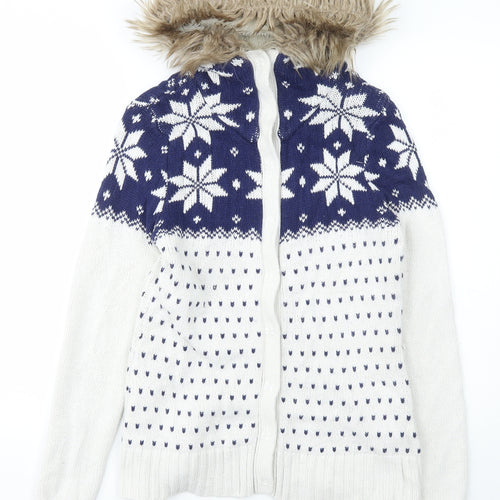 H&M Womens Ivory Roll Neck Fair Isle Cotton Cardigan Jumper Size M