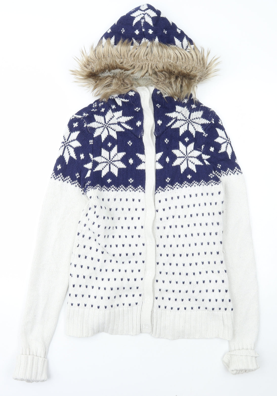 H&M Womens Ivory Roll Neck Fair Isle Cotton Cardigan Jumper Size M