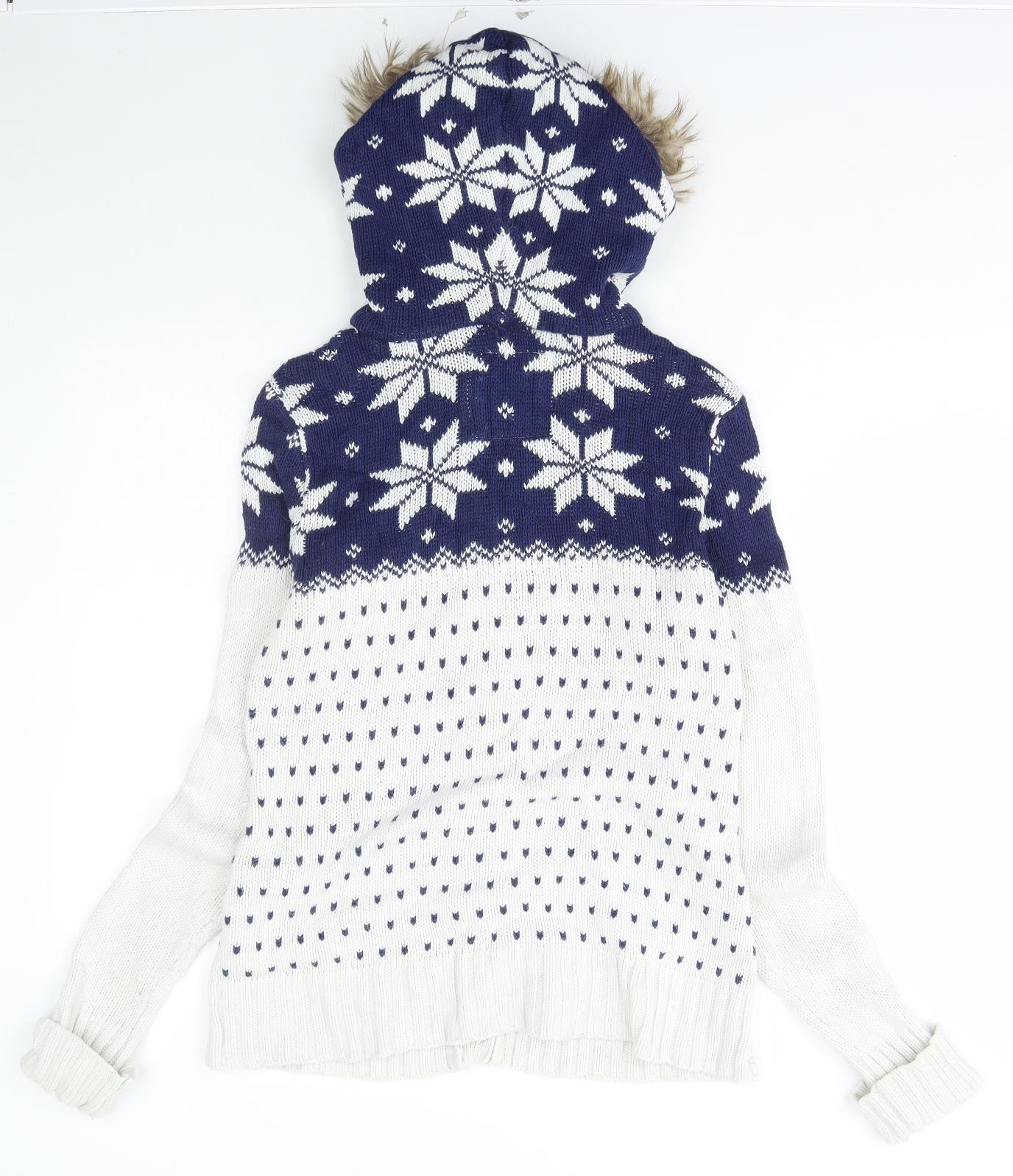 H&M Womens Ivory Roll Neck Fair Isle Cotton Cardigan Jumper Size M