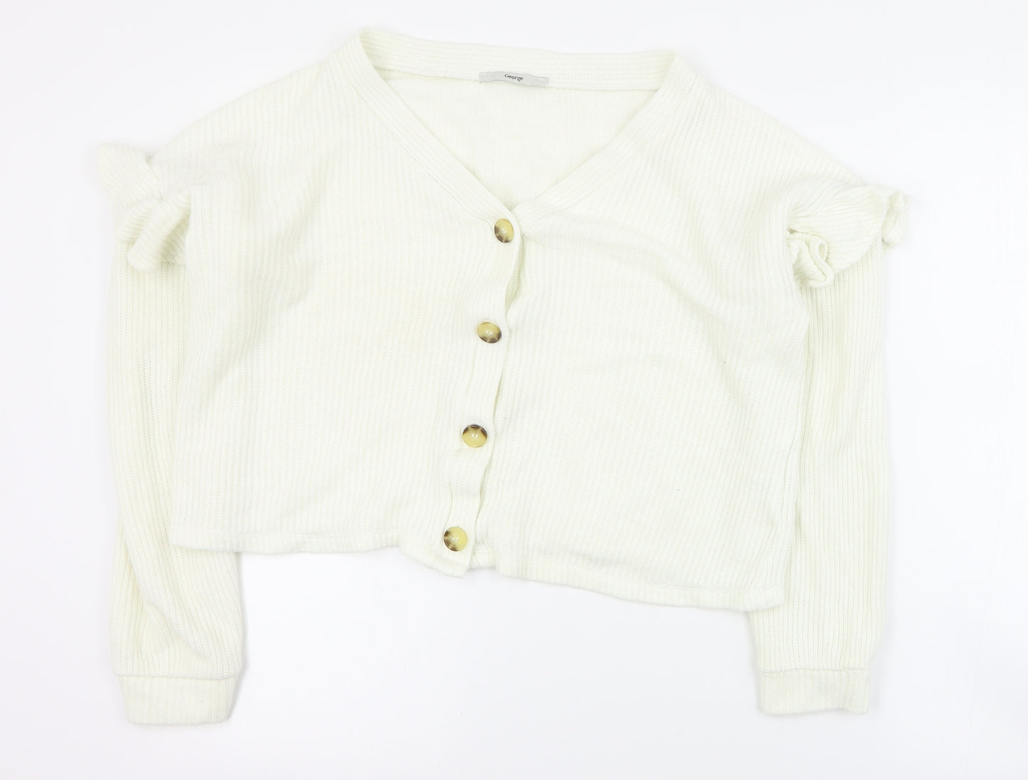 George Womens White V-Neck  Acrylic Cardigan Jumper Size M
