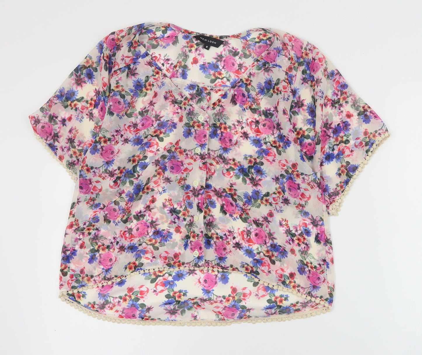 New Look Womens Ivory Floral Polyester Basic Blouse Size 8 V-Neck