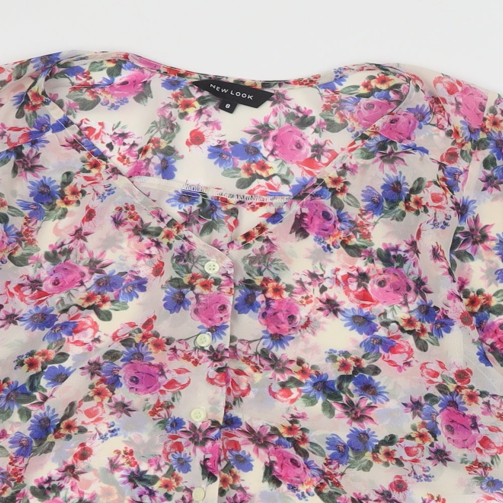 New Look Womens Ivory Floral Polyester Basic Blouse Size 8 V-Neck