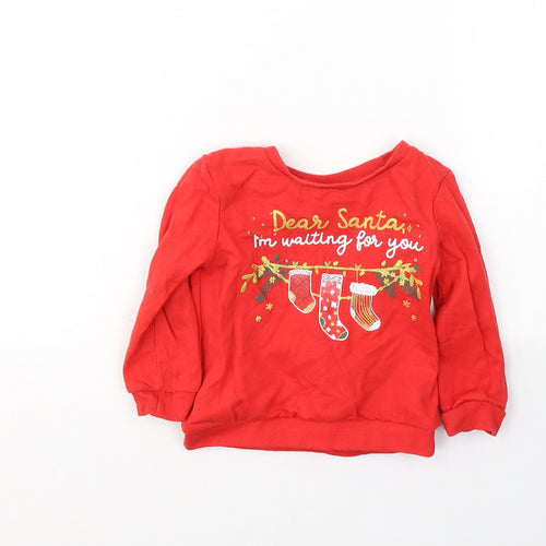 So Cute Girls Red  Cotton Pullover Casual Size 9-12 Months Round Neck Pullover - Christmas jumper