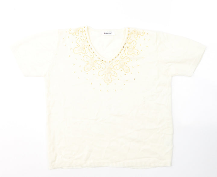 Damart Womens White Acrylic Jersey T-Shirt Size 12 V-Neck