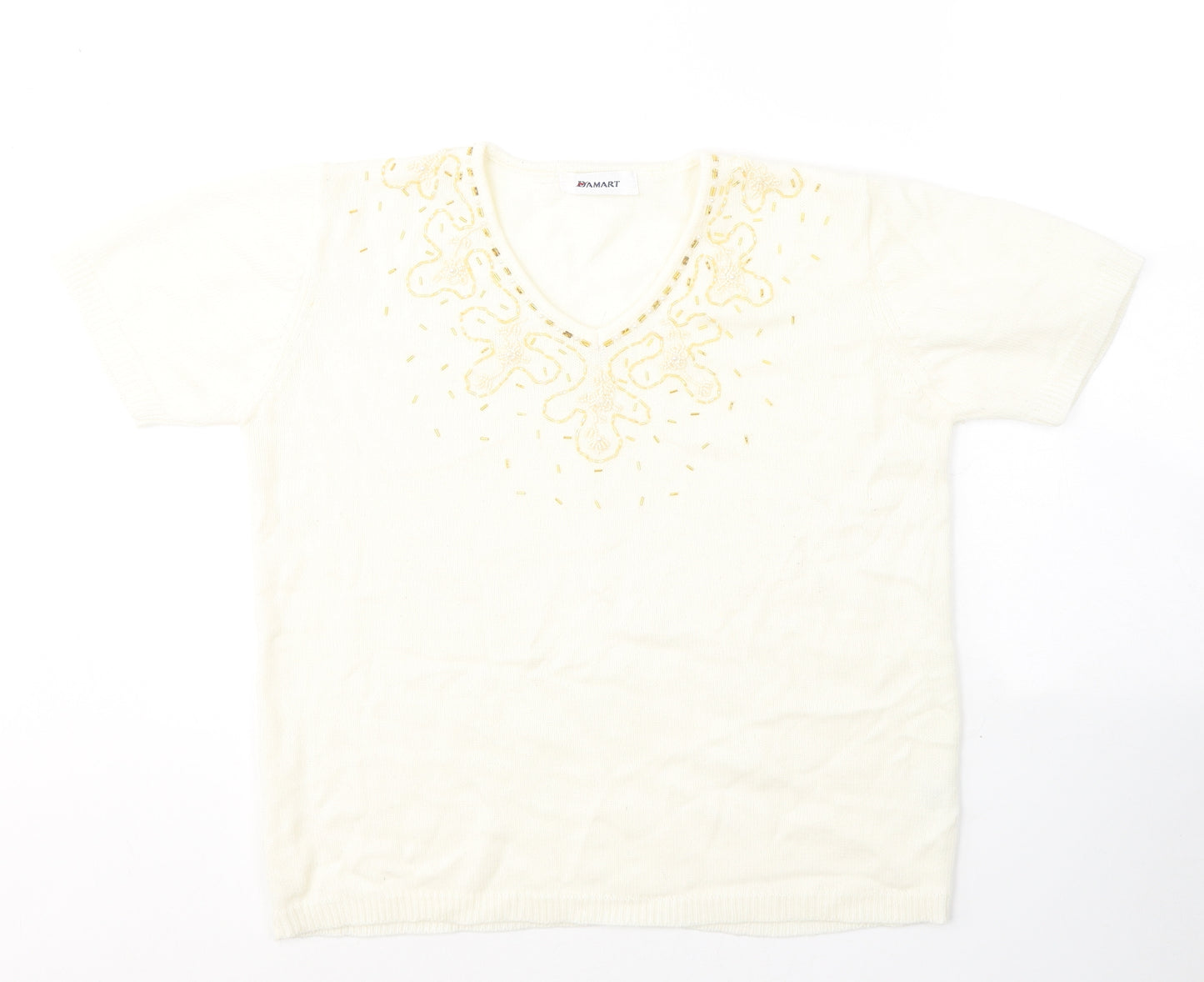 Damart Womens White  Acrylic Jersey T-Shirt Size 12 V-Neck
