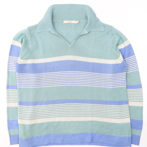 EWM Womens Green Collared Striped Acrylic Pullover Jumper Size 14