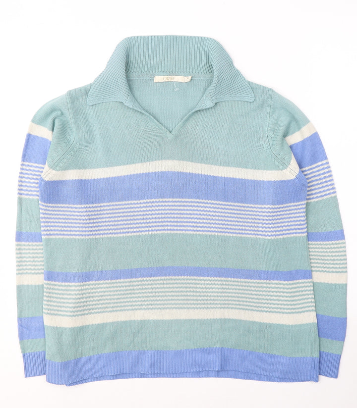 EWM Womens Green Collared Striped Acrylic Pullover Jumper Size 14
