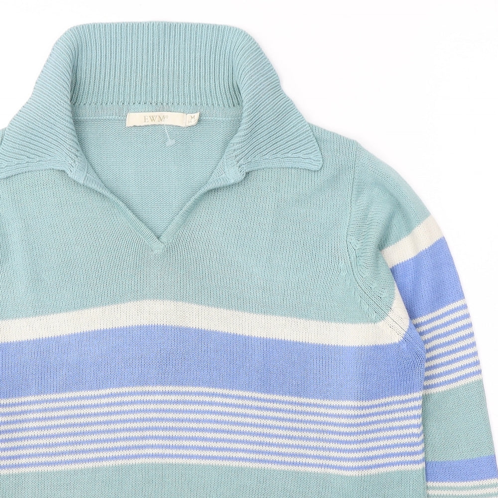 EWM Womens Green Collared Striped Acrylic Pullover Jumper Size 14