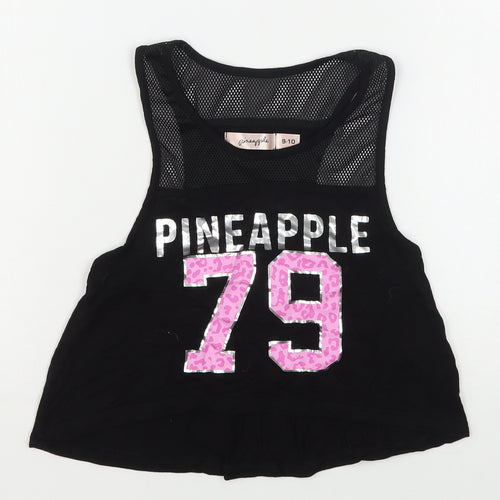 Pineapple  Girls Black Animal Print Viscose Basic Tank Size 9-10 Years Round Neck