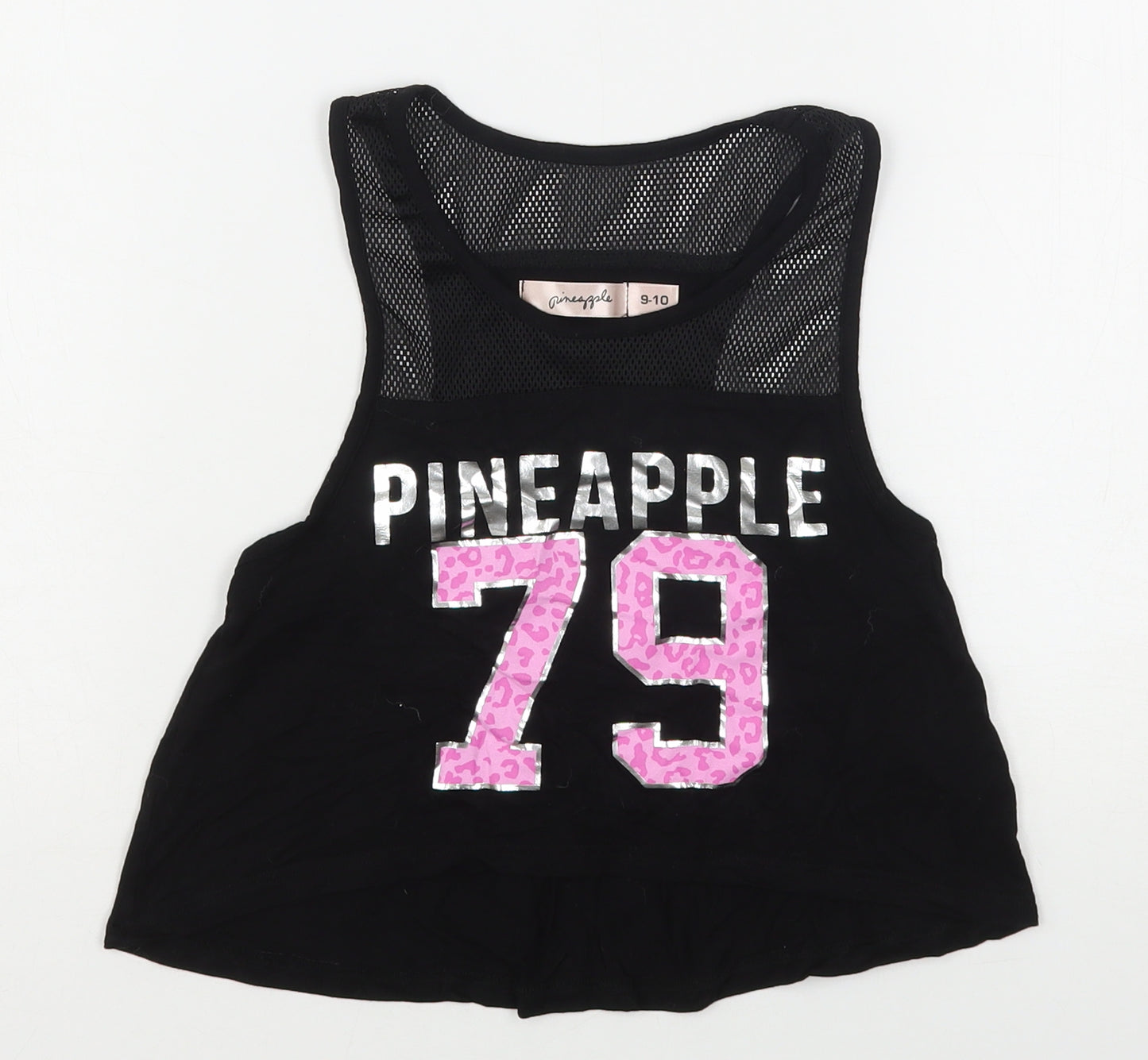 Pineapple  Girls Black Animal Print Viscose Basic Tank Size 9-10 Years Round Neck