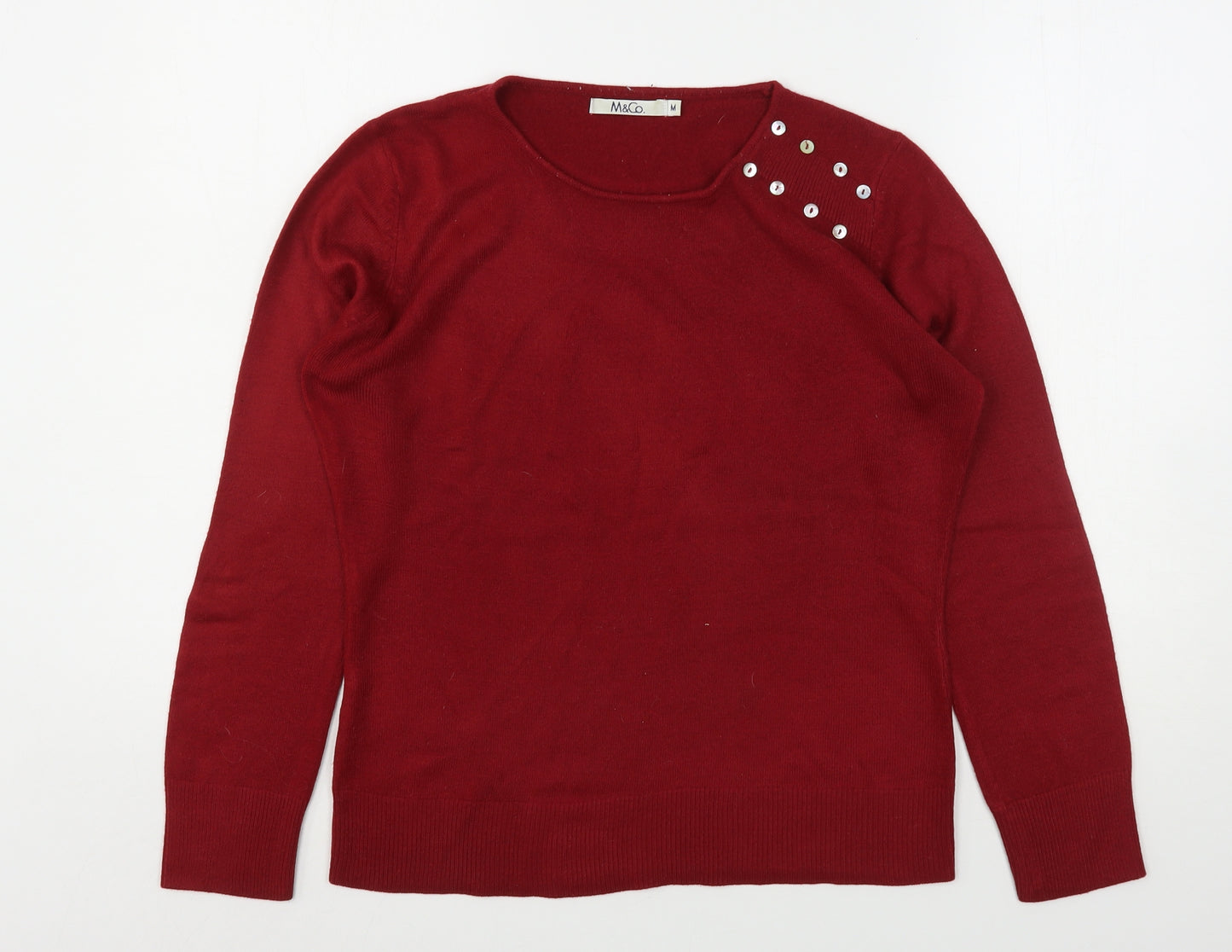 M&Co Womens Red Round Neck  Acrylic Pullover Jumper Size M