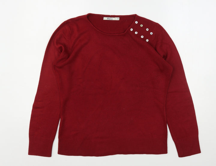 M&Co Womens Red Round Neck  Acrylic Pullover Jumper Size M