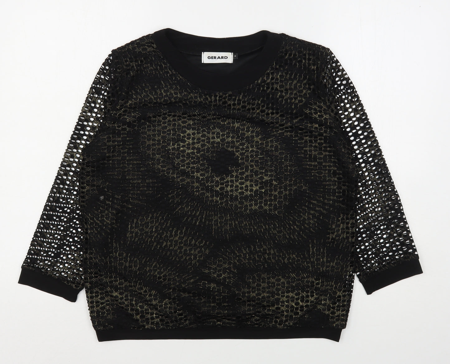 Gerard Womens Black Geometric Polyester Basic Blouse Size 10 Round Neck